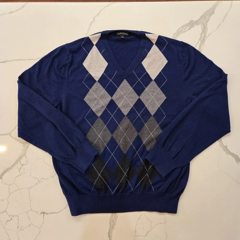 Banana Republic Silk Cotton Cashmere V-Neck Argyle Sweater Mens XL Blue Black